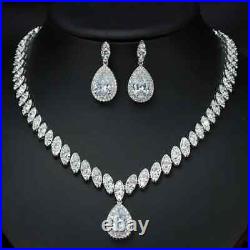 Cubic Zircon Wedding Necklace Set- Silver Tear Drop Necklace- Bridal Jewelry Set