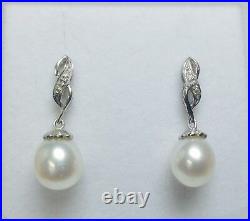 Cultured Freshwater Pearl & Diamonds Set In Solid 14K White Gold Earrings NEW