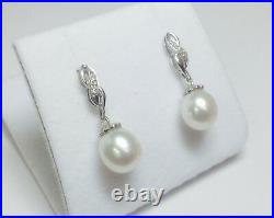 Cultured Freshwater Pearl & Diamonds Set In Solid 14K White Gold Earrings NEW