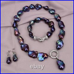 Cultured Peacock Blue Black Baroque Keshi Pearl Necklace Bracelet Earrings Sets