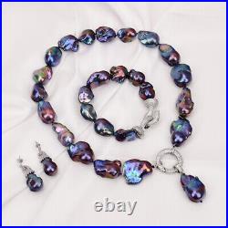 Cultured Peacock Blue Black Baroque Keshi Pearl Necklace Bracelet Earrings Sets