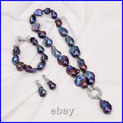 Cultured Peacock Blue Black Baroque Keshi Pearl Necklace Bracelet Earrings Sets