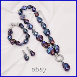 Cultured Peacock Blue Black Baroque Keshi Pearl Necklace Bracelet Earrings Sets Cultured Peacock Blue Black Baroque Keshi Pearl Necklace Bracelet Earrings Sets