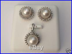 Cultured Pearl 0.20ct Diamonds Pendant Nacklace Earrings Set 14K White Gold