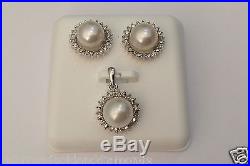 Cultured Pearl 0.20ct Diamonds Pendant Nacklace Earrings Set 14K White Gold