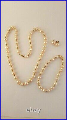 Cultured Pearl 14k Yellow Gold Necklace Bracelet Earring Set With Gift Box