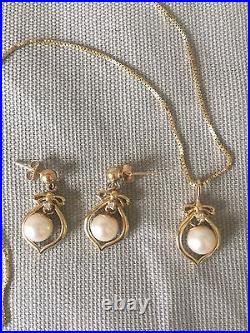 Cultured Pearl/Diamond Necklace & Earrings Set 14K Yellow Gold