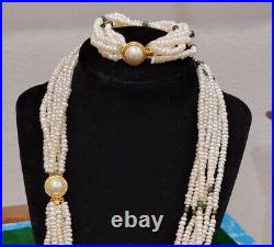 Cultured Pearl & Malachite Multi Strand Necklace Bracelet Jewelry Set