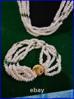 Cultured Pearl & Malachite Multi Strand Necklace Bracelet Jewelry Set