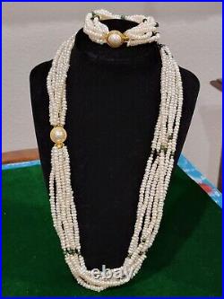 Cultured Pearl & Malachite Multi Strand Necklace Bracelet Jewelry Set