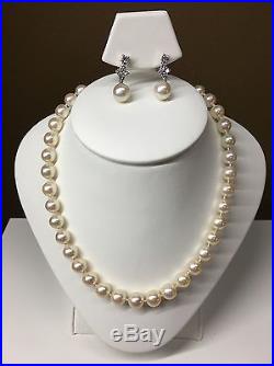 Cultured Pearl White Gold Necklace And Platinum Earrings Set