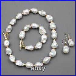 Cultured White Keshi Baroque Pearl Necklace Bracelet Earrings Sets For Women