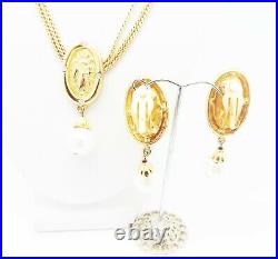 DESIGNER INSPIRED 16.5 in MULTI CHAIN FAUX PEARL GOLD NECKLACE JEWELRY SET NEW