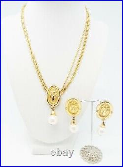 DESIGNER INSPIRED 16.5 in MULTI CHAIN FAUX PEARL GOLD NECKLACE JEWELRY SET NEW