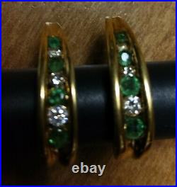 DIAMOND & EMERALD HOOP EARRINGS (pierced)set in gold, 3/4 Drop, very nice