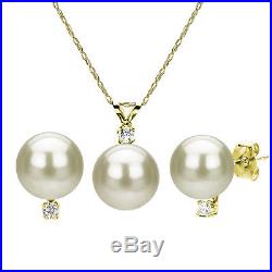 DaVonna 14k Gold Cultured Pearl and Diamond Earrings/ Necklace Set 7-7.5 mm/ 18