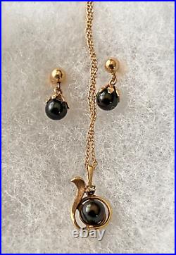 Dainty 14K Yellow gold Black Pearl Diamond Pendant Necklace & Drop Earrings Set