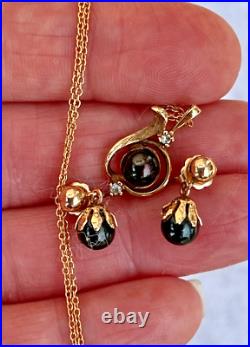 Dainty 14K Yellow gold Black Pearl Diamond Pendant Necklace & Drop Earrings Set