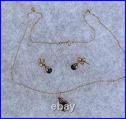 Dainty 14K Yellow gold Black Pearl Diamond Pendant Necklace & Drop Earrings Set