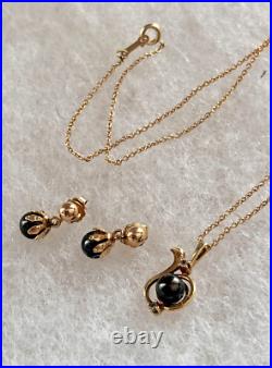 Dainty 14K Yellow gold Black Pearl Diamond Pendant Necklace & Drop Earrings Set