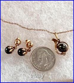 Dainty 14K Yellow gold Black Pearl Diamond Pendant Necklace & Drop Earrings Set