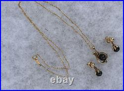 Dainty 14K Yellow gold Black Pearl Diamond Pendant Necklace & Drop Earrings Set