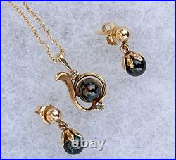 Dainty 14K Yellow gold Black Pearl Diamond Pendant Necklace & Drop Earrings Set