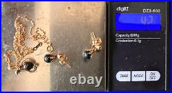 Dainty 14K Yellow gold Black Pearl Diamond Pendant Necklace & Drop Earrings Set