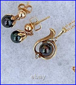 Dainty 14K Yellow gold Black Pearl Diamond Pendant Necklace & Drop Earrings Set