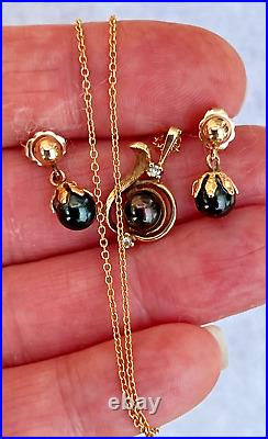 Dainty 14K Yellow gold Black Pearl Diamond Pendant Necklace & Drop Earrings Set