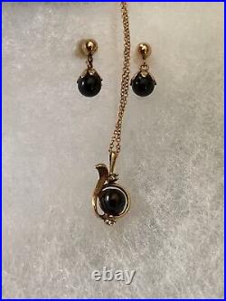 Dainty 14K Yellow gold Black Pearl Diamond Pendant Necklace & Drop Earrings Set