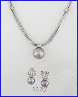 Damiani 11-7mm South Sea Pearls 0.42 ct Diamond Earrings Necklace Set 18K W Gold