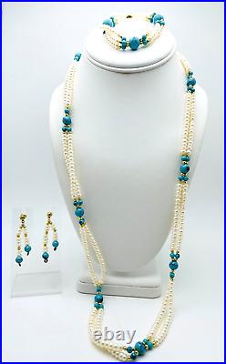 Danbury Mint Freshwater Pearls Touch of Turquoise Necklace Earrings Bracelet Set