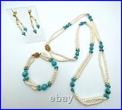 Danbury Mint Freshwater Pearls Touch of Turquoise Necklace Earrings Bracelet Set
