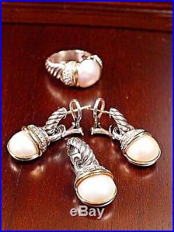 David Yurman Capri Mabe' Pearl Set Sterling and 14K Gold Ring Earrings Pendant