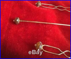 Delicate Set of 14k Gold Victorian Hairpins & Matching Hatpin with Seed Pearls