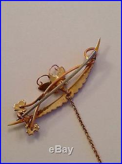 Delightful Fine Antique 9ct Gold & Seed Pearl Set Butterfly Crescent Brooch