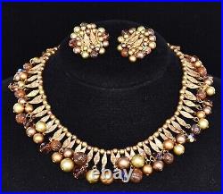 Delightful KRAMER Dangling Rhinestone and Pearl Deep GOLDTONE Necklace & ER Set