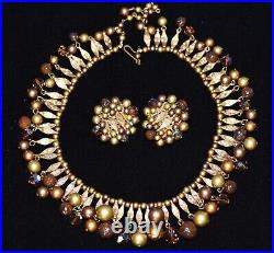 Delightful KRAMER Dangling Rhinestone and Pearl Deep GOLDTONE Necklace & ER Set