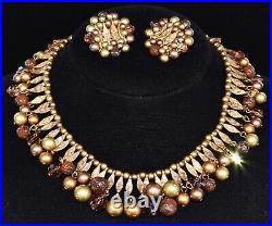 Delightful KRAMER Dangling Rhinestone and Pearl Deep GOLDTONE Necklace & ER Set