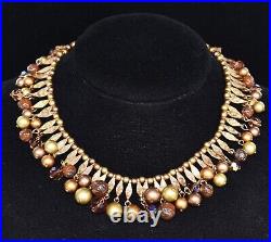 Delightful KRAMER Dangling Rhinestone and Pearl Deep GOLDTONE Necklace & ER Set