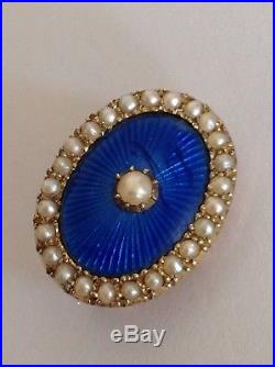 Delightful Little Victorian 15ct Gold Blue Guilloche & Seed Pearl Set Lace Pin