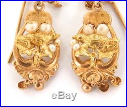 Delightful Stunning Antique 15ct 18ct Gold & Seed Pearl Bird Theme Earring Set