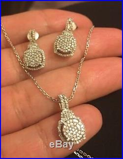 Designer 14 Ct White Gold 1.50ct Diamond Drop Earrings Necklace Set Dangle