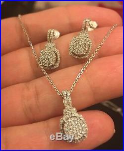 Designer 14 Ct White Gold 1.50ct Diamond Drop Earrings Necklace Set Dangle