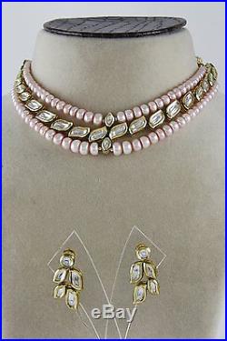 Designer 3 Strand Freshwater Pink Peach Pearls Gold Plated CZ Polki Necklace Set