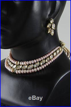 Designer 3 Strand Freshwater Pink Peach Pearls Gold Plated CZ Polki Necklace Set