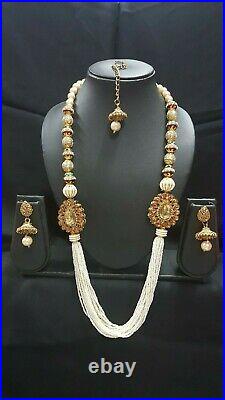 Designer Gold Pearls Indian Bollywood Necklace Earrings Tikka Jewellery Set
