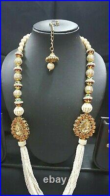 Designer Gold Pearls Indian Bollywood Necklace Earrings Tikka Jewellery Set