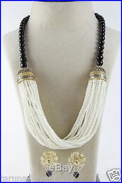 Designer Multi Strings Pearls Black Onyx Bell Gold Plated CZ Kundan Necklace Set